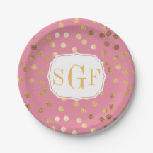 Monogrammed Candy Pink and Gold Glitter City Dots Paper Plate