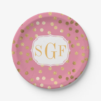 Monogrammed Candy Pink and Gold Glitter City Dots Paper Plate