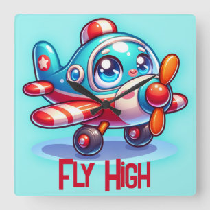 Monogrammed Cartoon plane blue   Square Wall Clock