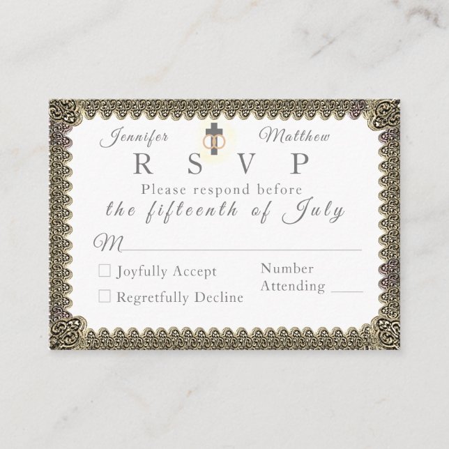 Monogrammed Catholic Vintage Wedding Details Card (Front)