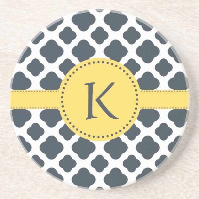 Monogrammed Charcoal and  White Quatrefoil Pattern Coaster (Front)