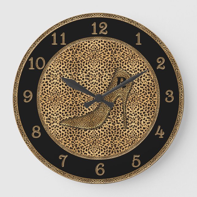 Monogrammed Cheetah Print and Stiletto Custom Large Clock (Front)