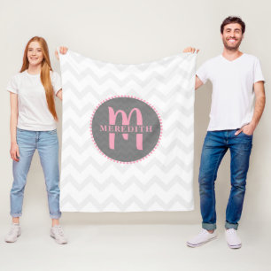 Monogrammed Chevron Name Pink Fleece Blanket