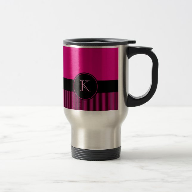 Monogrammed Chic Deep Pink Black Stripes Circle Travel Mug (Right)