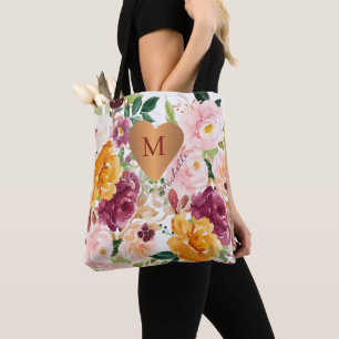 Monogrammed chic floral pattern tote bag