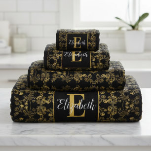Monogrammed chic Gold & black damask swirl pattern Bath Towel Set