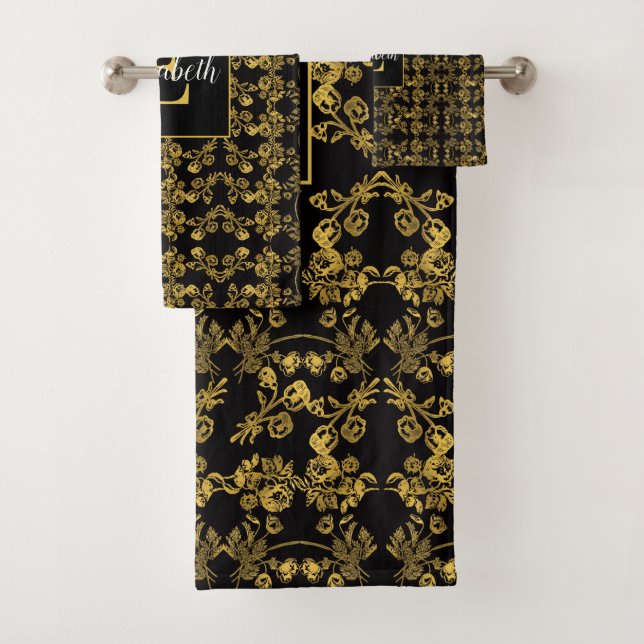 Monogrammed chic Gold & black damask swirl pattern Bath Towel Set (Insitu)
