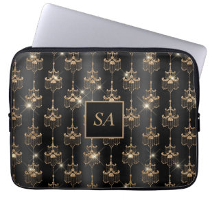 Monogrammed Chic Gold Sparkle Chandelier Black Laptop Sleeve