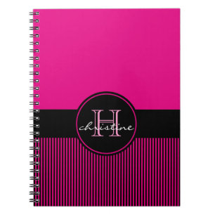 Monogrammed Chic Hot Pink Black Stripes Circle Notebook