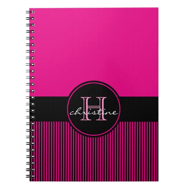 Monogrammed Chic Hot Pink Black Stripes Circle Notebook (Front)