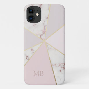 Monogrammed Chic Marble Geometric Pink Gold iPhone 11 Case