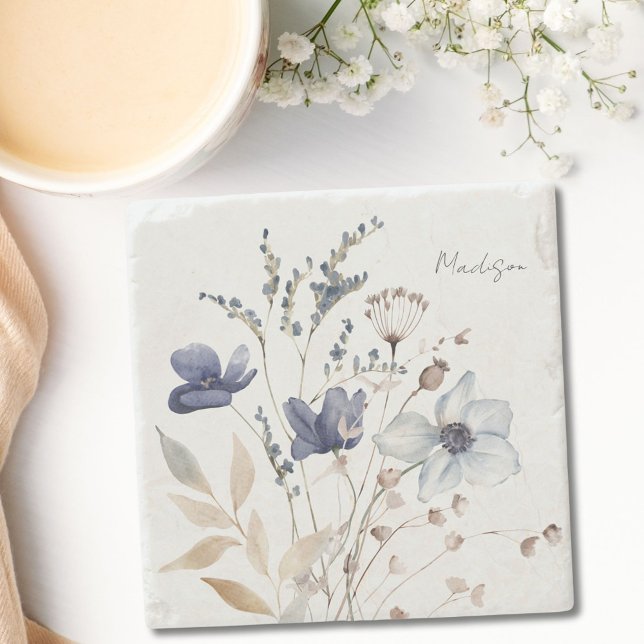 Monogrammed Chic Pretty Watercolor Blue Floral Stone Coaster (In situ)