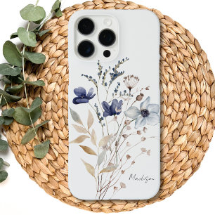 Monogrammed Chic Pretty Watercolor Blue Flower iPhone 16 Pro Max Case