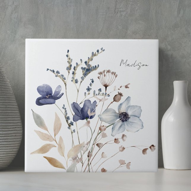 Monogrammed Chic Pretty Watercolor Blue Flower Tile (Close up)