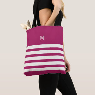 Monogrammed   Chic Stripes Berry Tote Bag
