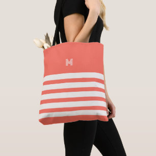 Monogrammed Chic Stripes Coral Tote Bag