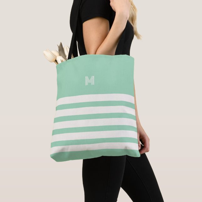 Monogrammed | Chic Stripes Mint Tote Bag (Close Up)
