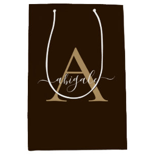 Monogrammed Chocolate Brown Gold   Minimal Elegant Medium Gift Bag