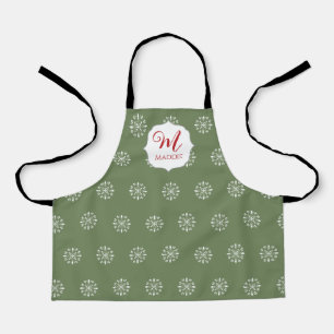 Monogrammed Christmas Cute Simple Snowflake Green Apron