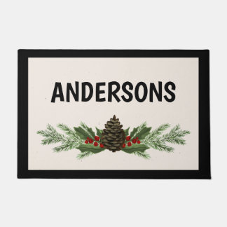 Monogrammed Christmas Doormat with Pine Greenery