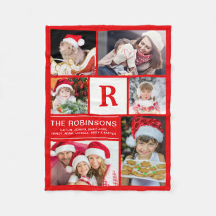 Monogrammed Christmas Family Photo Collage Fleece Blanket
