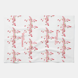 Monogrammed Christmas flamingos kitchen towel