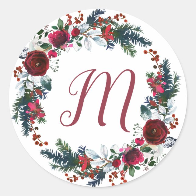 Monogrammed Christmas floral burgundy pine wreath Classic Round Sticker (Front)