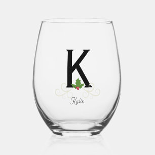 Monogrammed Christmas Holly Stemless Wine Glass