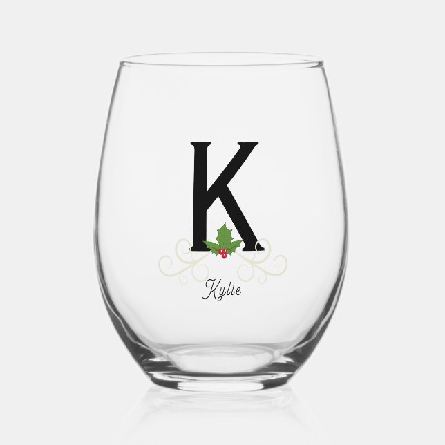 Monogrammed Christmas Holly Stemless Wine Glass (Front)
