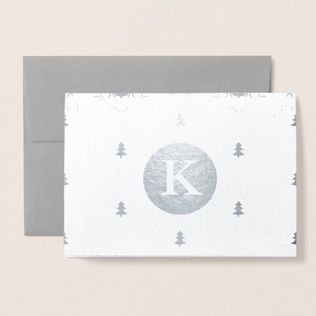 Monogrammed Christmas pattern silver Foil Card (Front With Envelope)