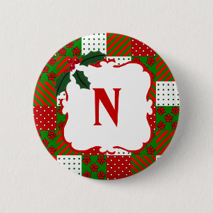 Monogrammed Christmas Quilt Patchwork 6 Cm Round Badge