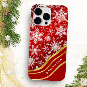 Monogrammed Christmas Red Gold White Snowflakes iPhone 14 Pro Max Case