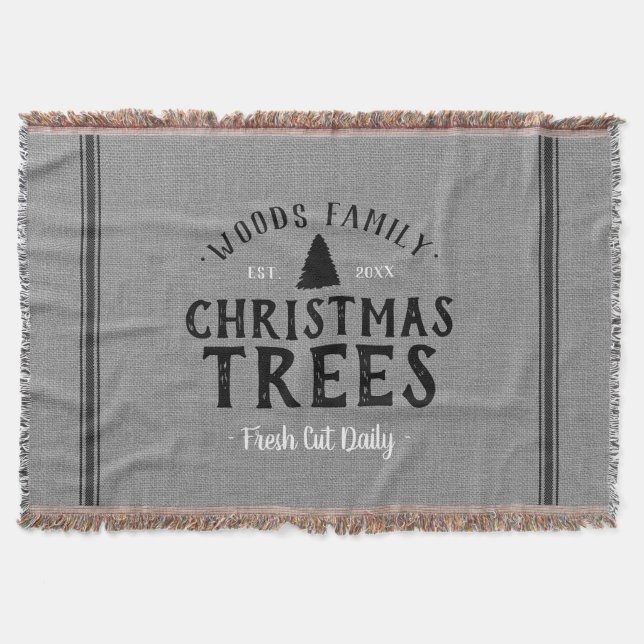Monogrammed Christmas Tree Farm Grain Sack Throw Blanket (Front)