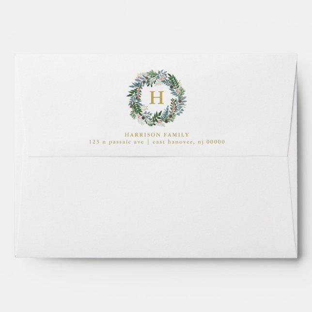 Monogrammed Christmas Wreath Holiday Envelope (Back (Top Flap))