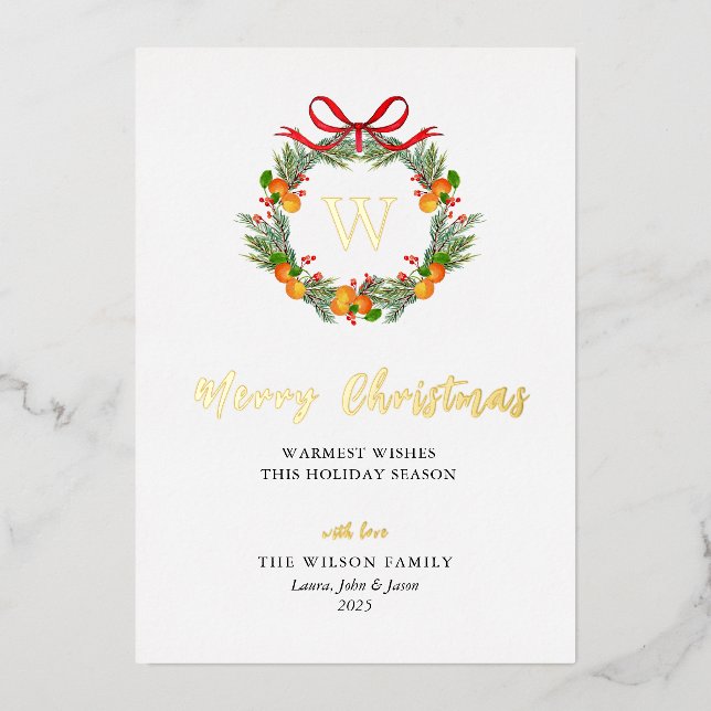 Monogrammed Citrus Wreath Christmas Gold Foil Holiday Card (Front)