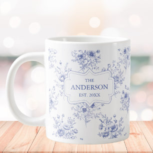 Monogrammed Classic Blue Flowers Floral Pattern Large Coffee Mug