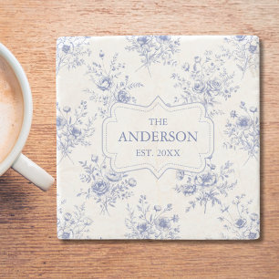 Monogrammed Classic Blue Flowers Floral Pattern Stone Coaster
