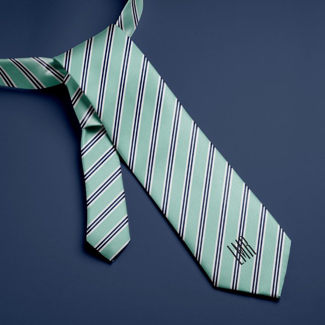 Monogrammed Classic Mint Green and Navy Stripes Tie (Creator Uploaded)