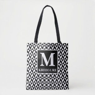 Monogrammed Classic Serif BW Abstract Chevron Tote Bag