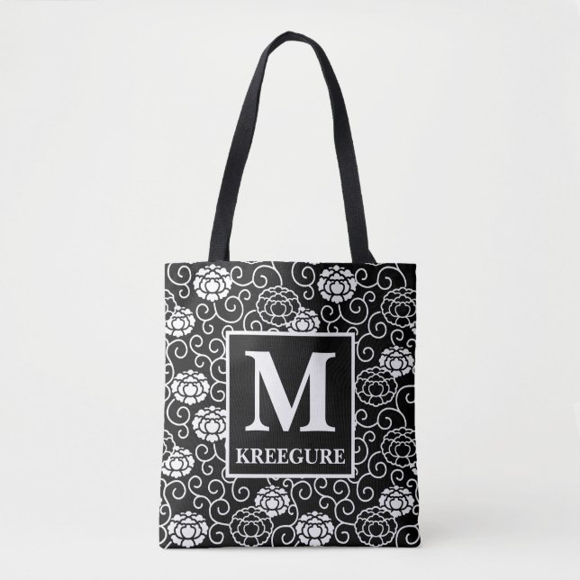 Monogrammed Classic Serif BW Peonies Tote Bag (Front)