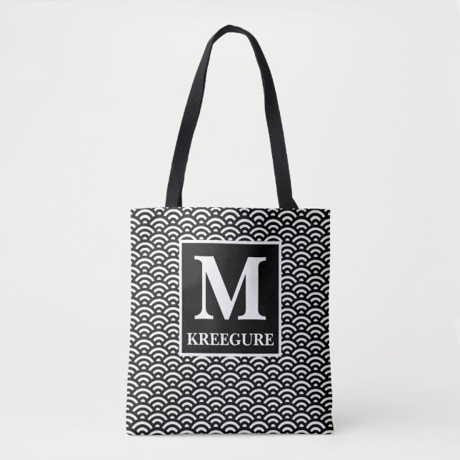 Monogrammed Classic Serif BW Vintage Waves Tote Bag (Front)