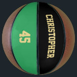 Monogrammed Club Team Player Name Number Custom Basketball<br><div class="desc">Create your own custom, personalised, faux gold elegant stylish typography / script / text / name on black and green background, regulation size, hand stitched basketball. Simply enter the player / team / club / school / college / event / tournament name, and player jersey number, to customise. While you...</div>