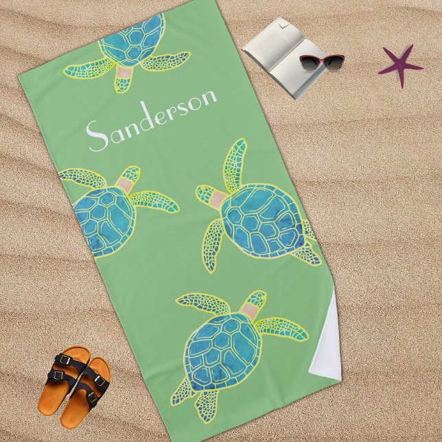 Monogrammed Coastal Sea Turtle  Blue yellow Green  Beach Towel (Creator Uploaded)