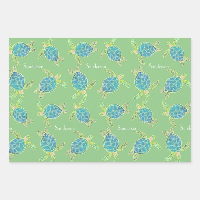 Monogrammed Coastal Sea Turtle  Blue yellow Green Wrapping Paper Sheet (Front)