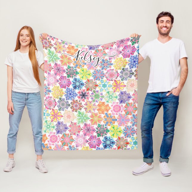 Monogrammed Colourful Boho Mandala Pattern Add Nam Fleece Blanket (In Situ)