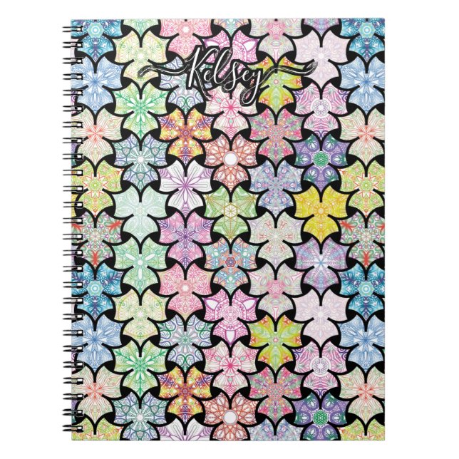 Monogrammed Colourful Boho Mandala Pattern Add Nam Notebook (Front)