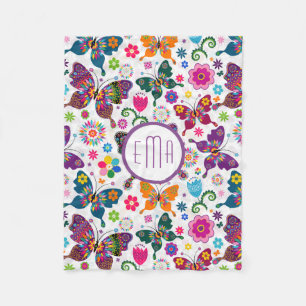 Monogrammed Colourful Floral Butterflies Fleece Blanket