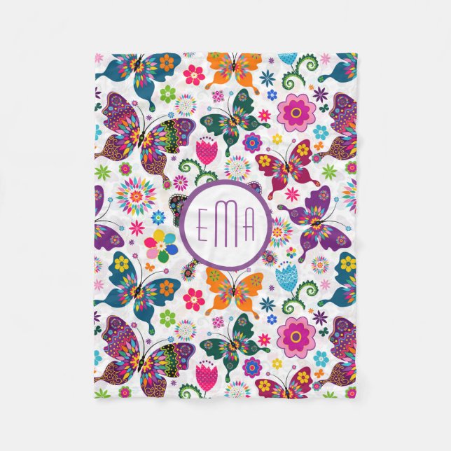 Monogrammed Colourful Floral Butterflies Fleece Blanket (Front)