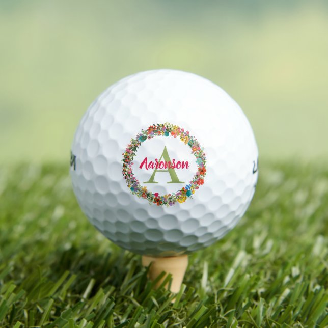 Monogrammed Colourful Floral Wreath Personalised Golf Balls (Insitu Tee)