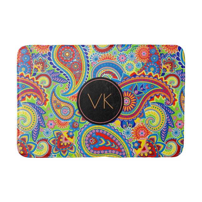 Monogrammed Colourful paisley Pattern Bath Mat (Front)